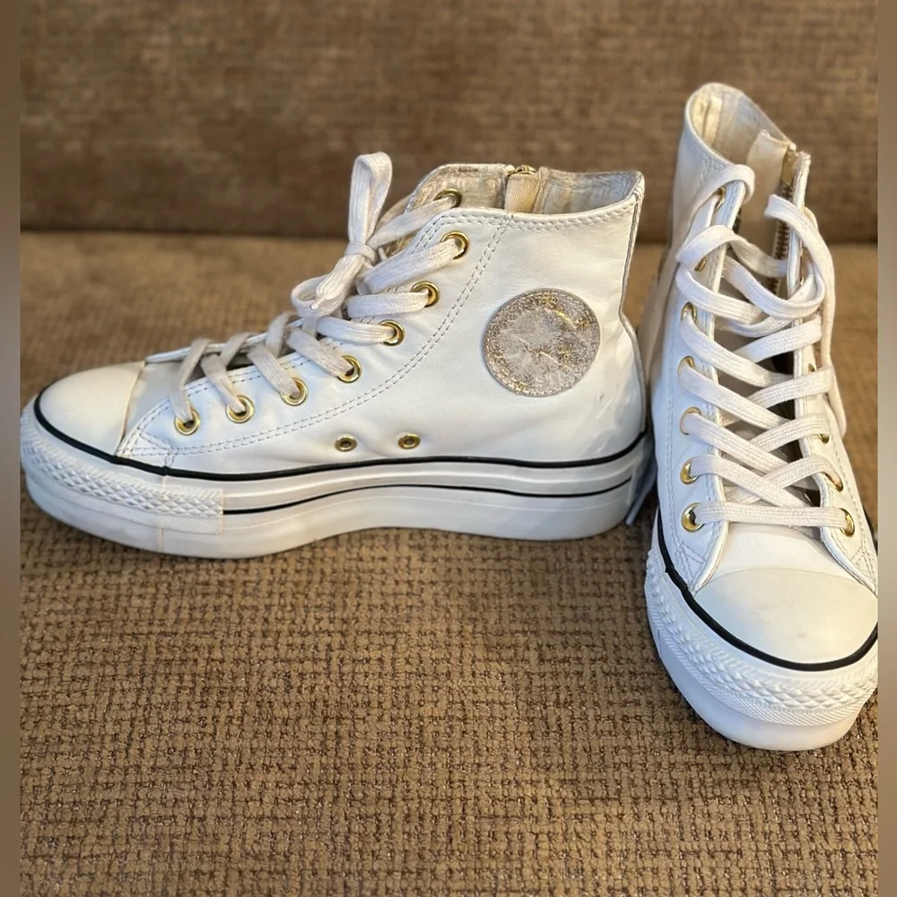 Gold and white leather platform converse size 6.5 - Picture 2 of 5